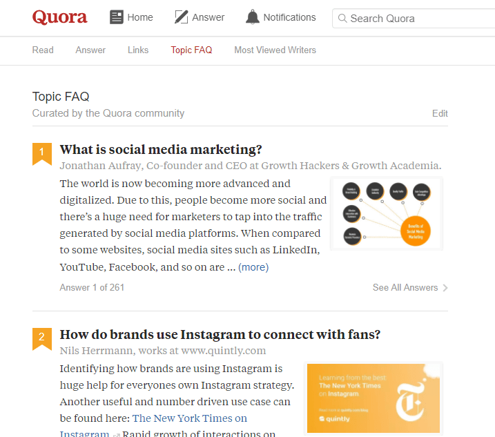FAQ section on a social media marketing topic page on Quora.