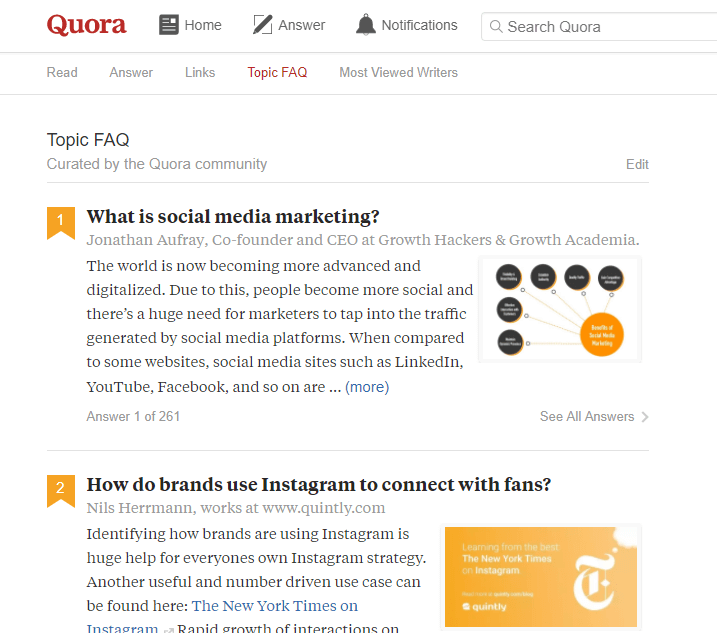 Sección de preguntas frecuentes en una página temática sobre marketing en redes sociales en Quora.