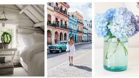 three images from pinterest home decor girl in front of colourful buildings and blue hydrangea