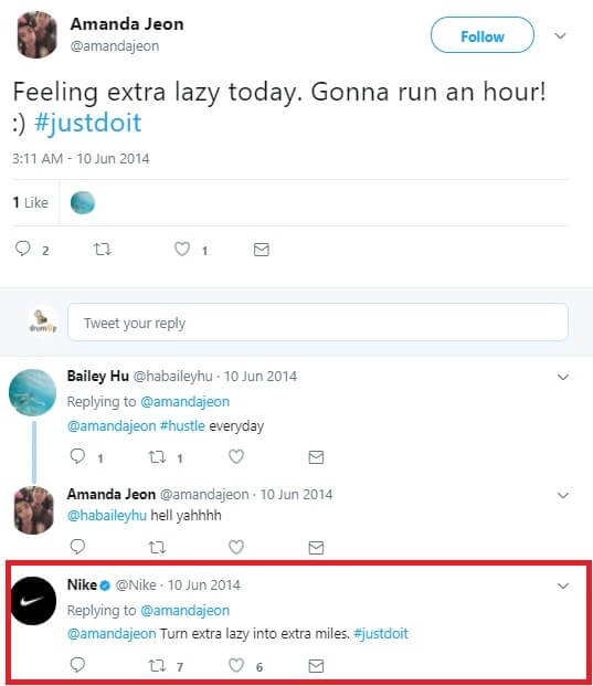 Tweet featuring Nike responding immediately to customer