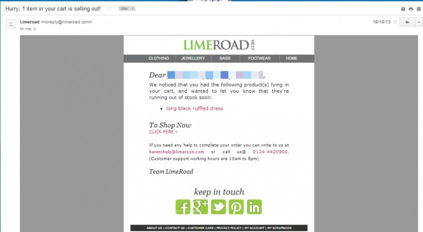 Ejemplo de correo electrónico personalizado de LimeRoad