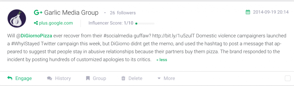 screen shot of Brand24 dashboard showing reaction to DiGiorno hashtag