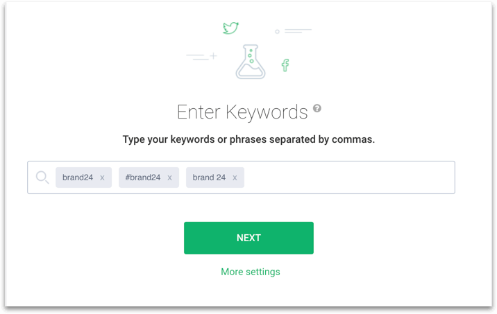 print screen of brand24 dashboard with chosen keywords