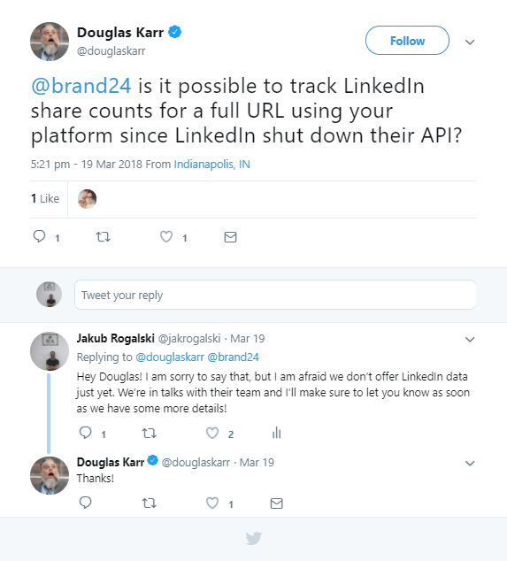 An example of a social media customer service interaction on Twitter