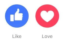 Facebook's icons for reactions indicating 'like' and 'love'