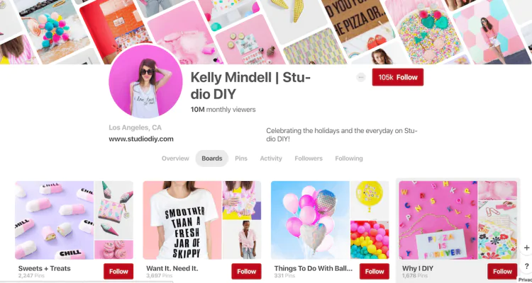 Screen shot of pinterest boards of kelly mindell