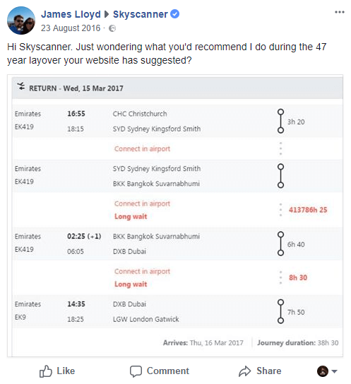 An example of Social Media Customer Service by Skyscanner