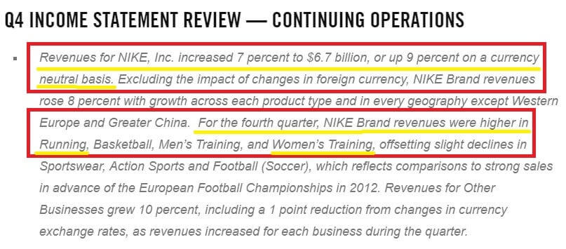 Excerpt from Nike's earnings report verifying 9% revenue increase and boosted sales in running and women's sports