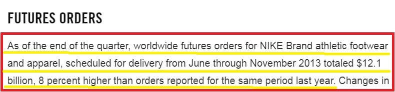 Excerpt from Nike's earnings report verifying 8% increase in Nike's futures orders