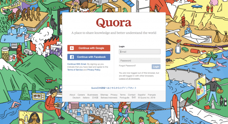 imprimir pantalla de la página principal de Quora, plataforma de medios sociales para descubrir nuevos clientes