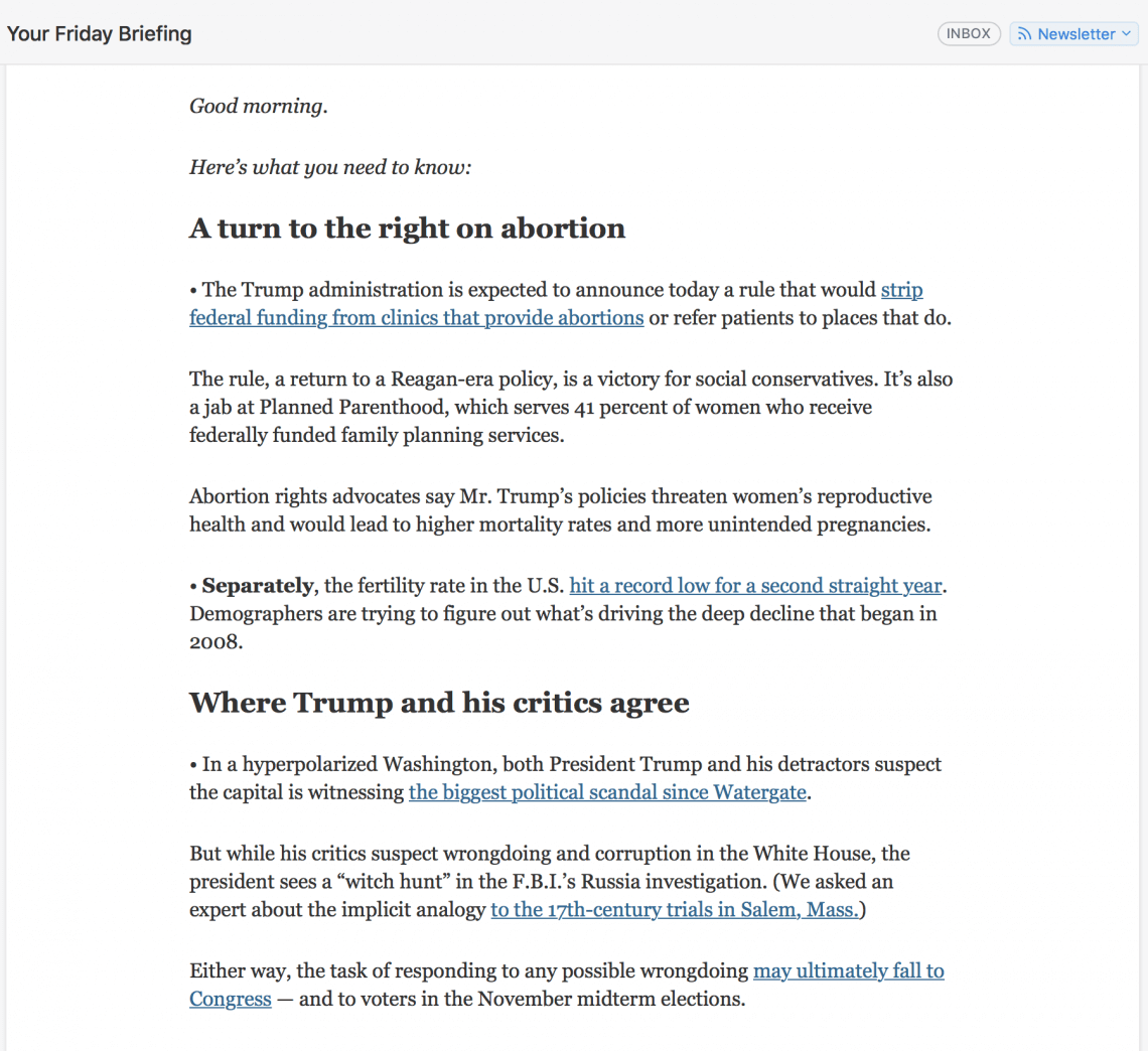 print screen of the New York Times newsletter