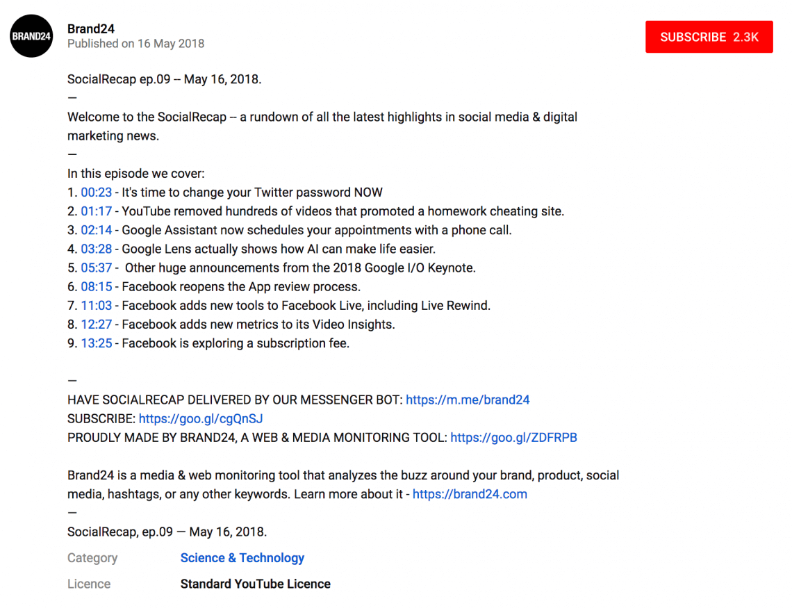 captura de pantalla de la descripción del episodio Social Recap en YouTube
