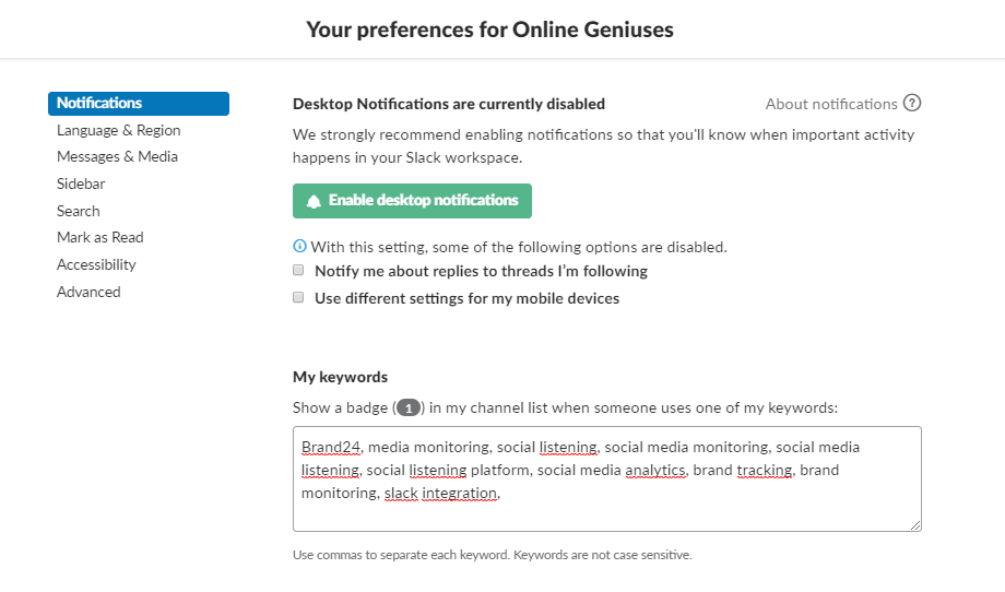 Establecer preferencias y palabras clave en una comunidad Slack