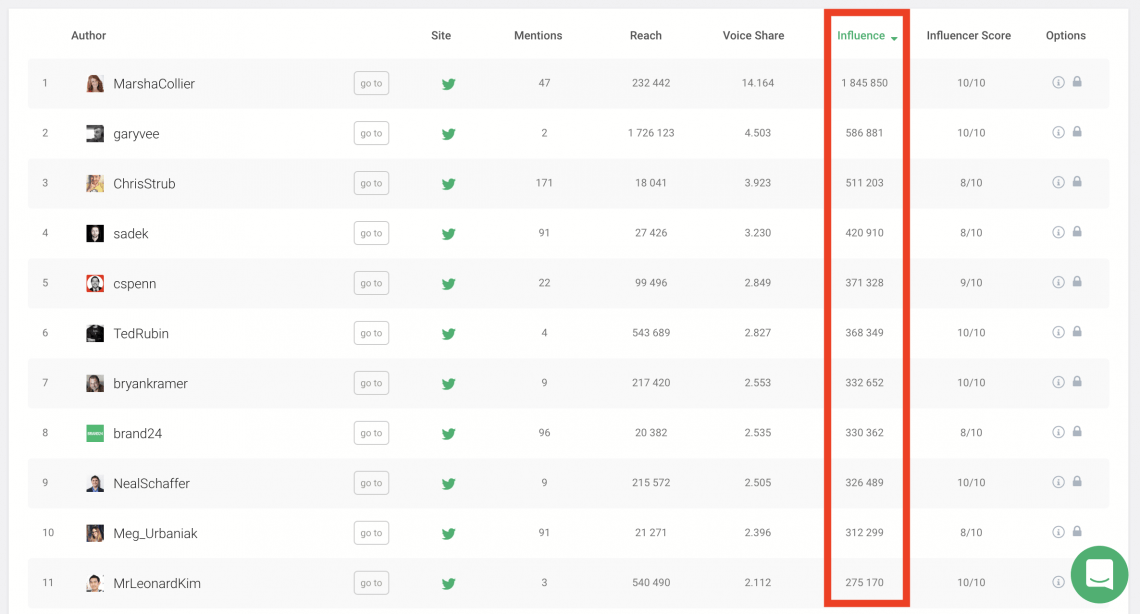 a print screen of Brand24 dashboard showing influencer score