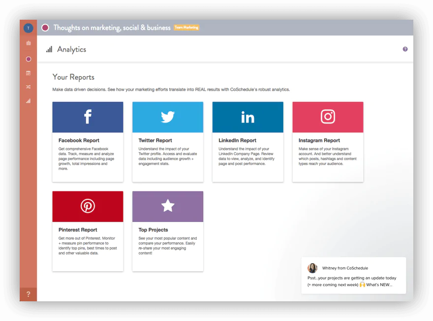 Screenshot from CoSchedule, one of the best social media analytics tools