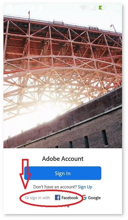 Adobe Facebook Connect (Facebook Login) screen