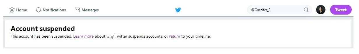 Screenshot of suspended account for Guccifer 2.0 on Twitter