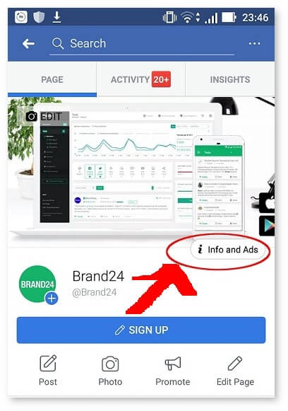 screenshot of Facebook Page showing where Info and Ads section is located
