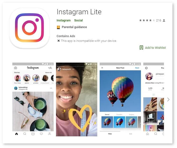 screenshot of Instagram Lite on Google Play