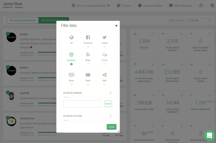 print screen of Brand24 dashboard with social media filters that will help choose the right influencer for social media influencer campaign