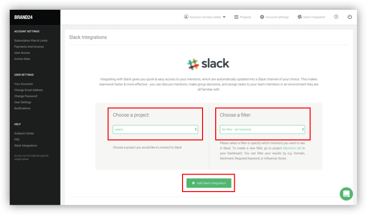 Choosing a project and a filter for Slack integration