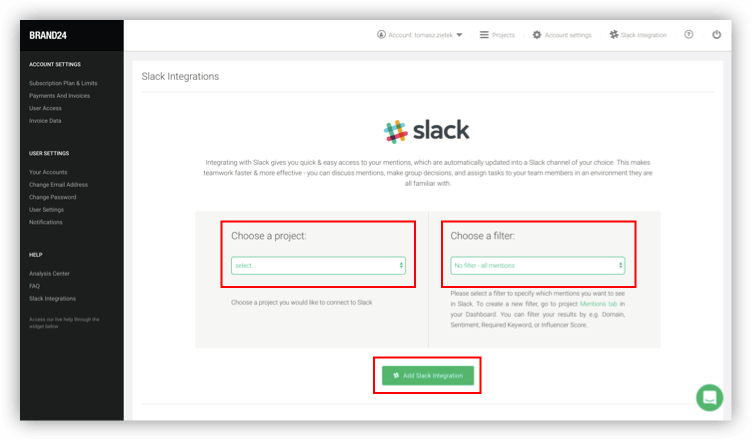 Elegir un proyecto y un filtro para la integración con Slack