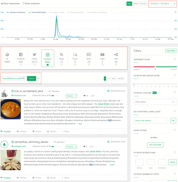 Brand24 dashboard with mentions from Instagram regarding Jamie Oliver
