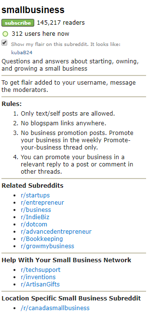 Una barra lateral de un subreddit de pequeñas empresas.