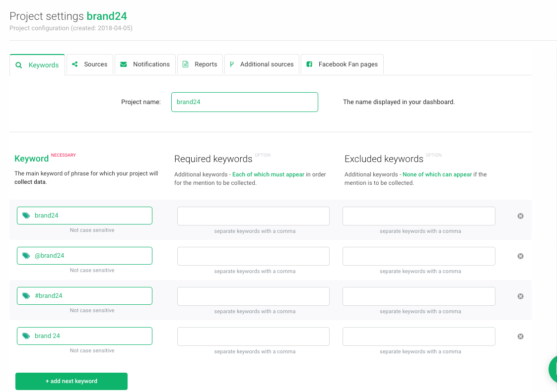 print screen of Brand24 dashboard showing project creation wizard where you can enter keywords you want to monitor and implement Boolean search