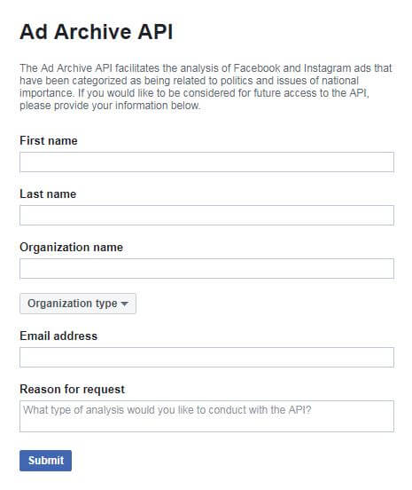 Facebook Ad Archive API application form