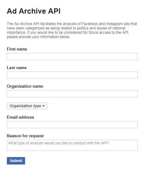 Formulario de solicitud de la API de archivo de anuncios de Facebook