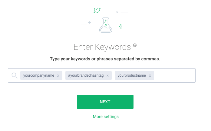 Brand24 project creation wizard showing where to enter keywords to create a project