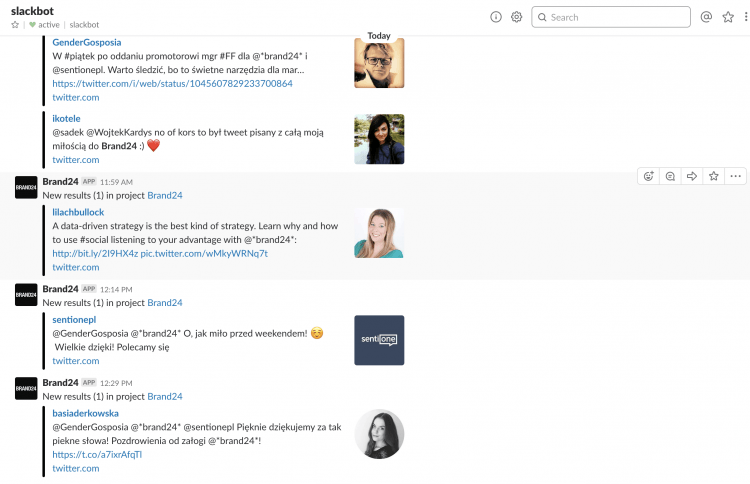 Slack channel with notification from Brand24 with mentions that contain a certain hashtag