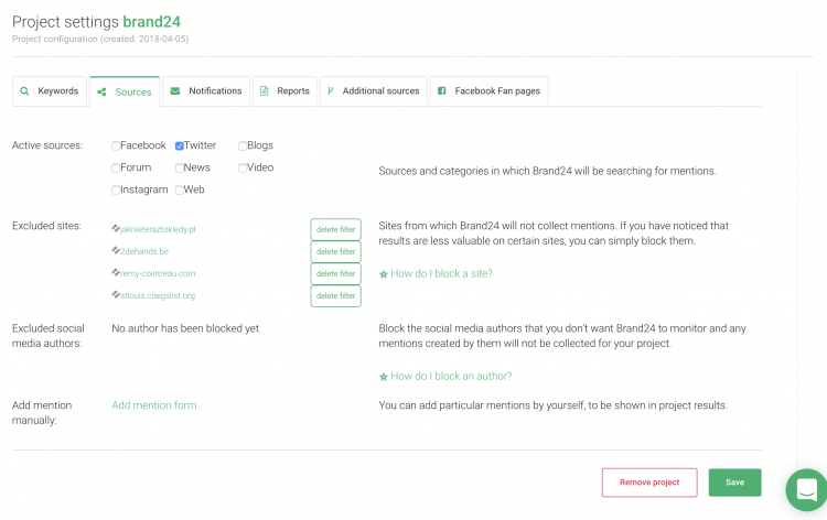 Project settings in Brand24 where you can choose which social media platform you'd like to analyse hashtag performance