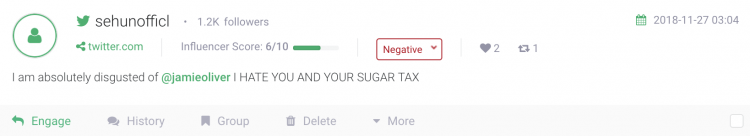 Twitter Hashtag Analytics an example of negative mention about Jamie Oliver
