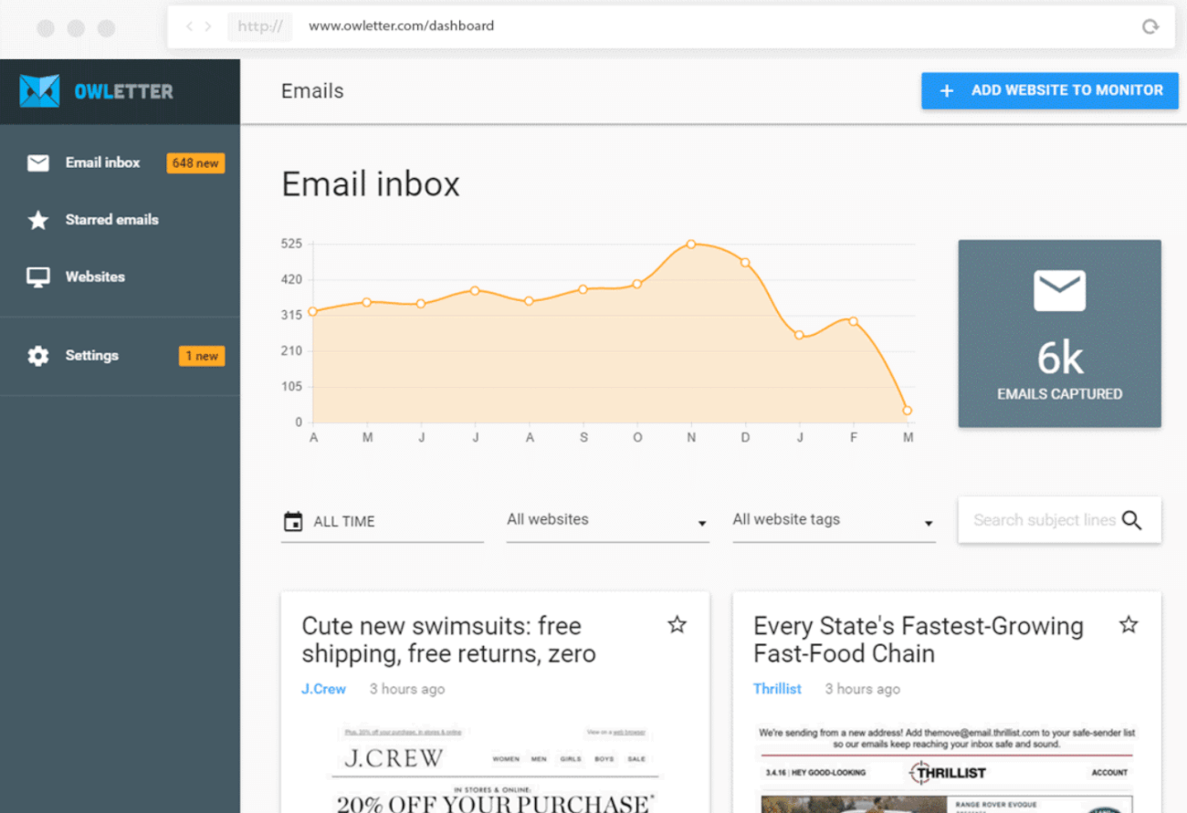 écran d'impression d'Owletter, un outil de recherche de concurrents pour les courriels