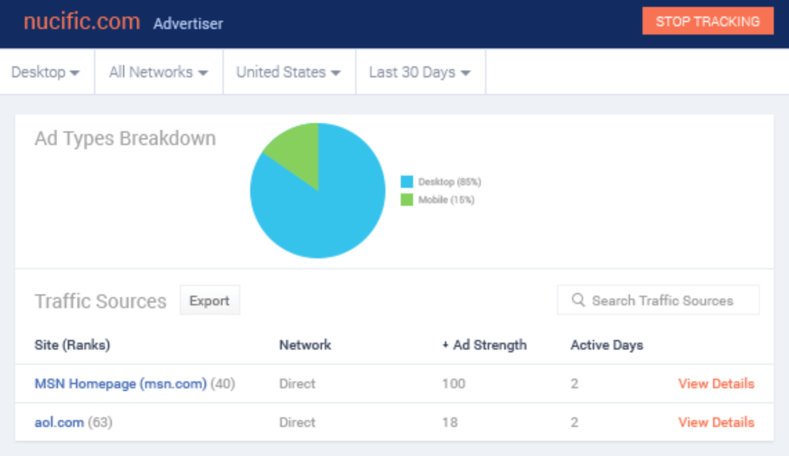 print screen from Whatrunswhere, a competitive research tool for ads