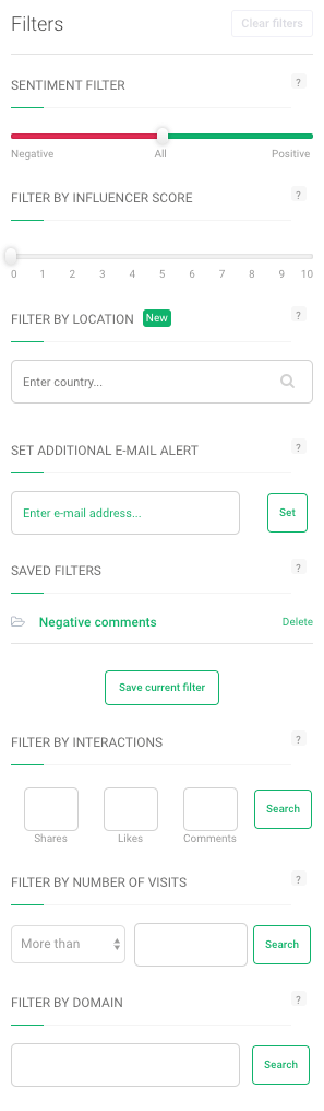 a fitlers section in Brand24 where you can filter your results to show mentions relevant to your brand's health