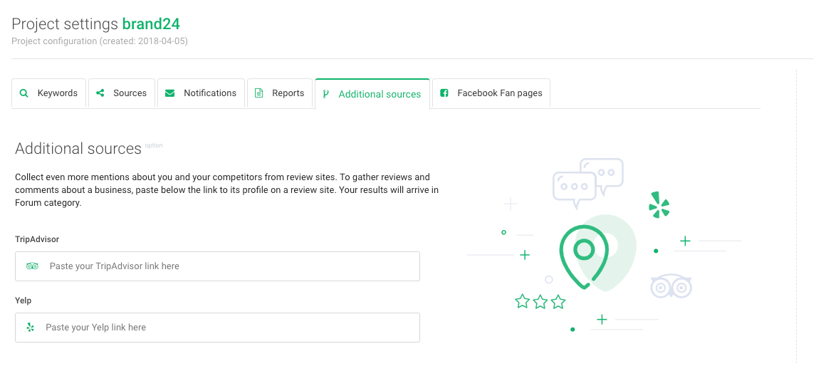 project settings in brand24 where you can add links to Yelp and TripAdvisor to monitor your brand's health