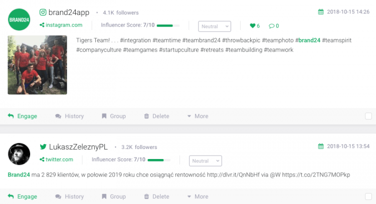 mentions from Brand24 internet monitoring tool where you can spot customer reviews you can use while conducting brand health check