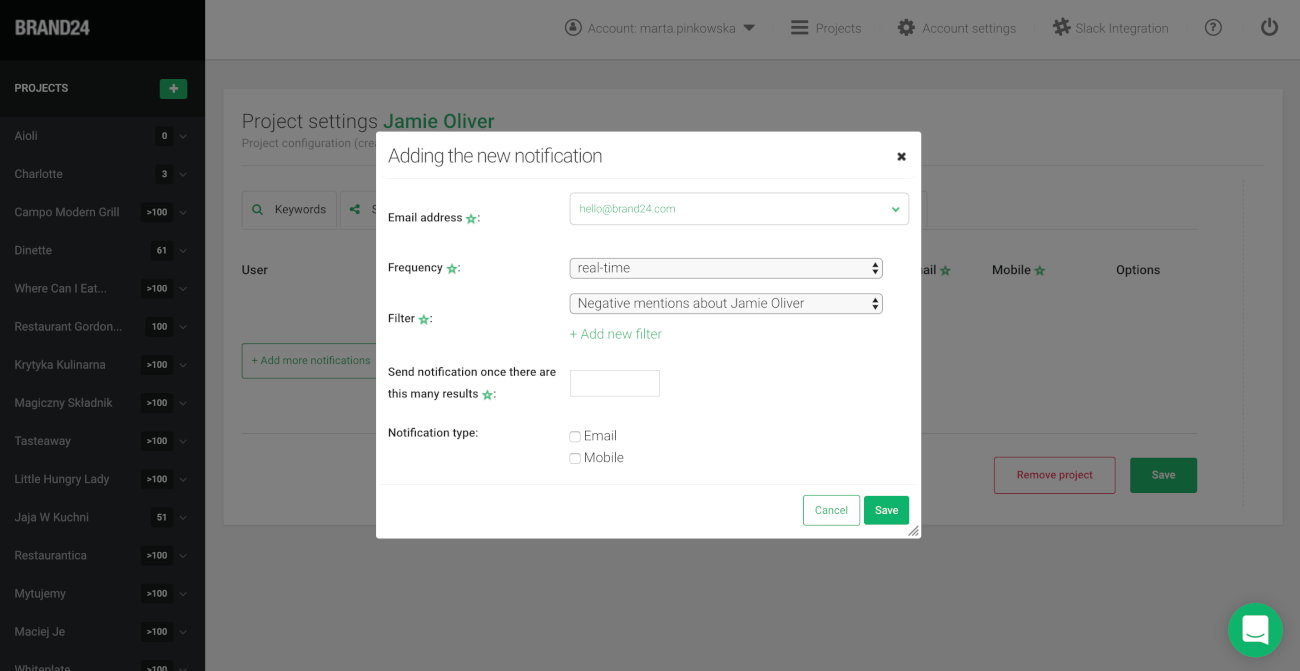 part of Brand24 dashboard where you can set notifications for social media sentiment mentions