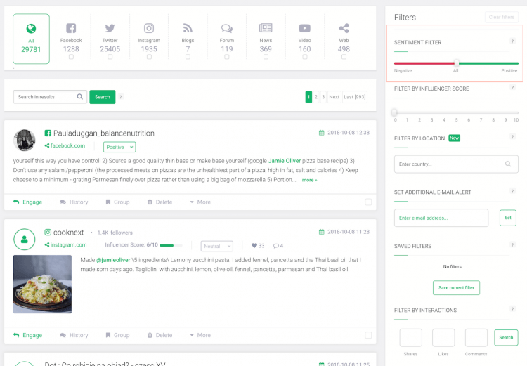 print screen of brand24 mentions tab showing the social media sentiment filter
