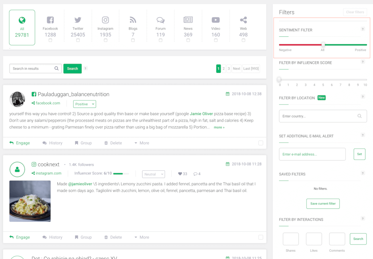 print screen of brand24 mentions tab showing the social media sentiment filter