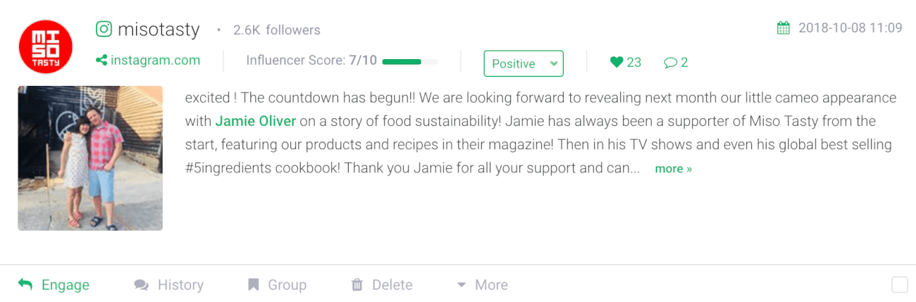 an example of a positive social media sentiment mention