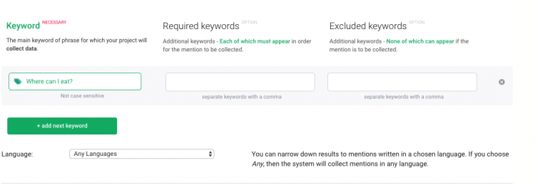 a print screen of Brand24 where you can enter keywords for your Boolean search to look for marketing opportunities for your small business