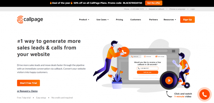 Print screen presenting the home page of Callpage, a SaaS tool, which is offering a special discount for Black Friday and Cyber Monday.