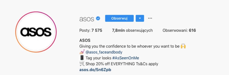 una pantalla de impresión de la información biográfica de ASOS desde Instagram con una llamada a la acción claramente indicada