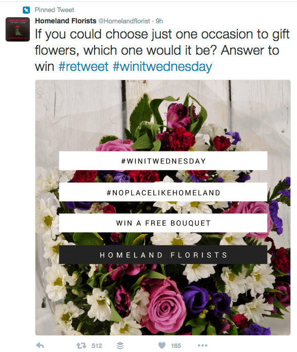 An example of a contest hashtag found on Twitter on Homeland Florists profile