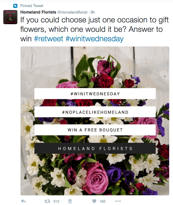 Un ejemplo de hashtag de concurso encontrado en Twitter en el perfil de Homeland Floristas