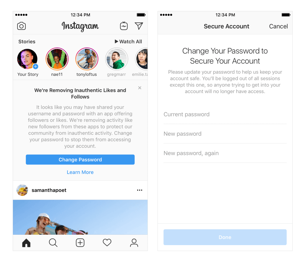 Instagram removes inauthentic likes, comments, and follows. Users must reset passwords.